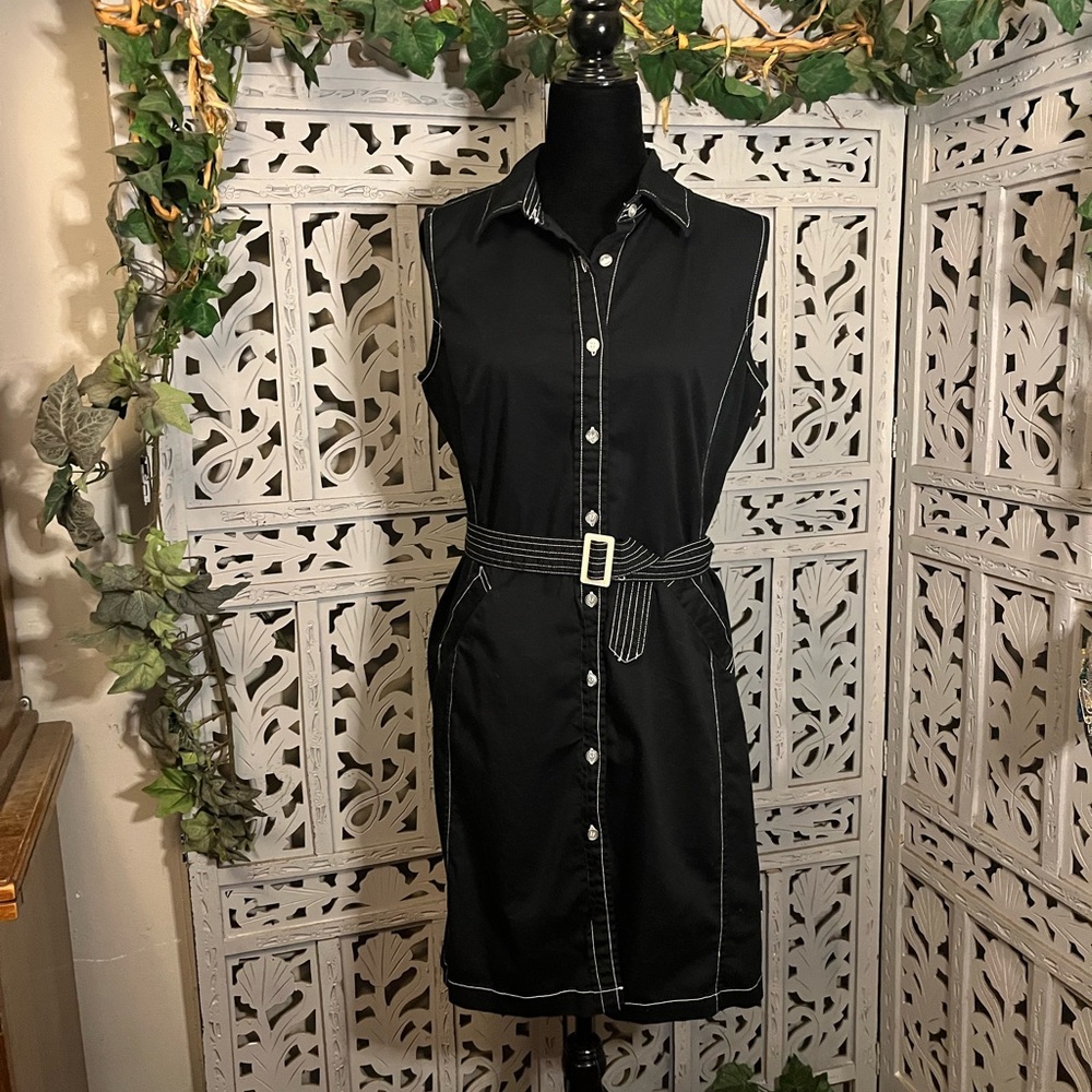 WHITE STAG SUPER CUTE BLACK STRETCHY DENIM STYLE SLEEVELESS BUTTON UP MIDI DRESS